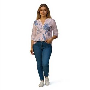 Made In Italy Sheer Blouse Womens M Pink Gray Roll Tab Sleeve Top Lightweight